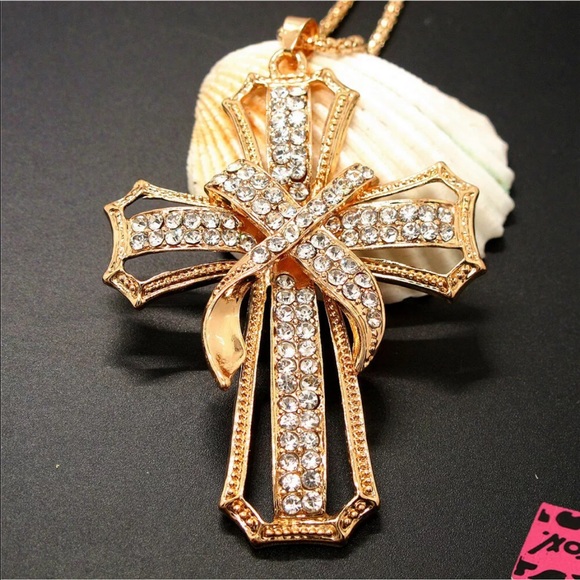 New Crystal Cross BetseyJohnson Sweater Necklace - Picture 5 of 14